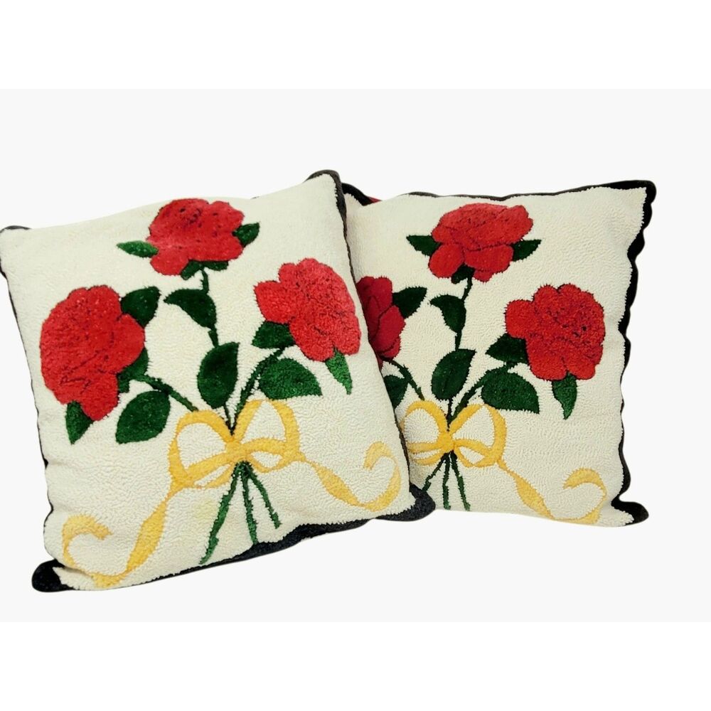 2 Vintage Red Rose Decorative Plush Pillows 1960s